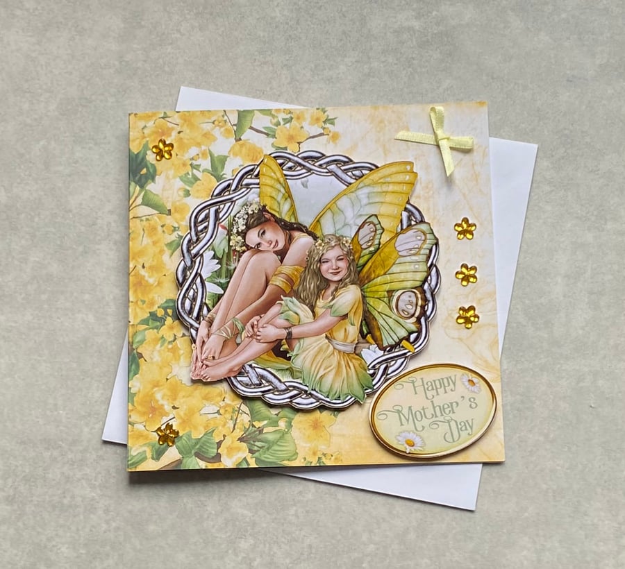 Mother & Daughter Fairies Mother's Day Card. Yellow
