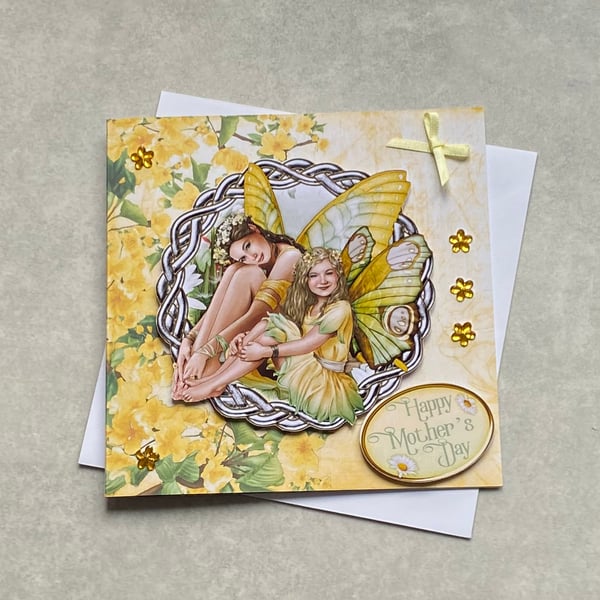 Mother & Daughter Fairies Mother's Day Card. Yellow