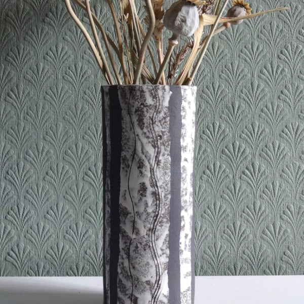 Handmade vase black & white ceramic.Unusual abstract art design. Free shipping.