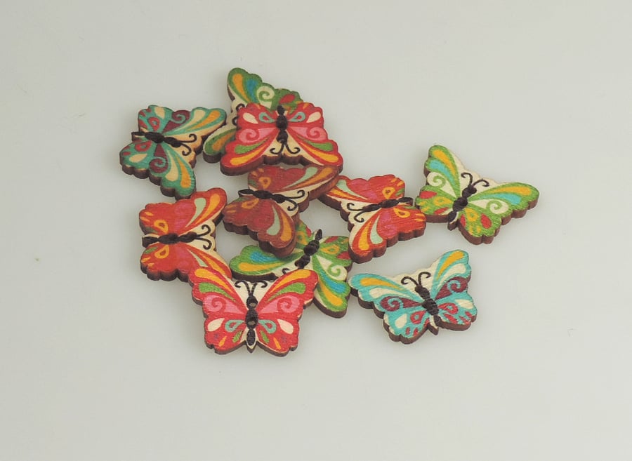 Colourful Butterfly wooden buttons, Craft Supplies, mixed colours, x 5