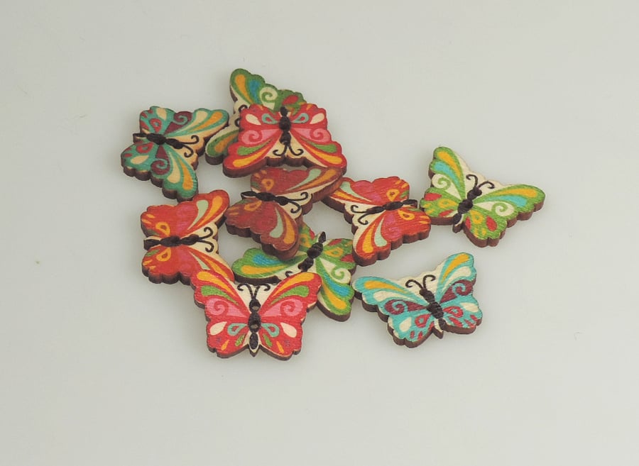 Colourful Butterfly wooden buttons, Craft Supplies, mixed colours, x 10