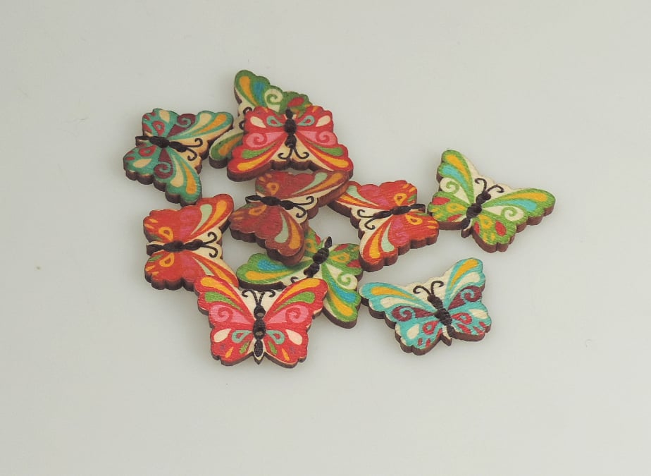 Colourful Butterfly wooden buttons, Craft Supplies, mixed colours, x 10