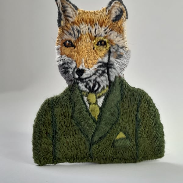 Hand Embroidered Victorian Fox Gentleman Brooch