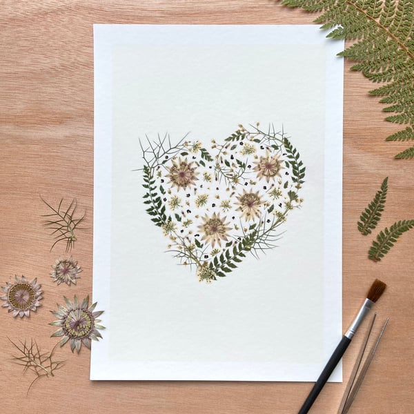 Blooming Love – A4 Pressed Flower Heart Artwork - Giclee Floral Art print