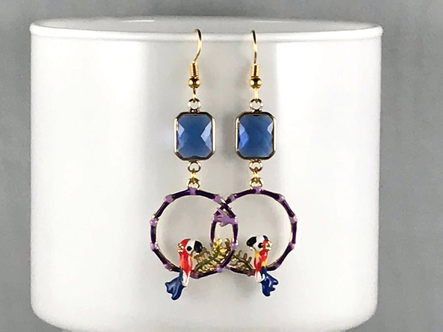 CRYSTAL BIRD HOOPS dark blue flowered purple art deco drop 