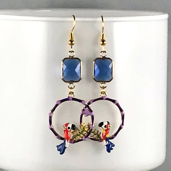 CRYSTAL BIRD HOOPS dark blue flowered purple art deco drop 