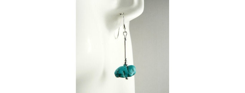 Turquoise (Hubei Provence) nugget natural stone drop earrings, sterling silver