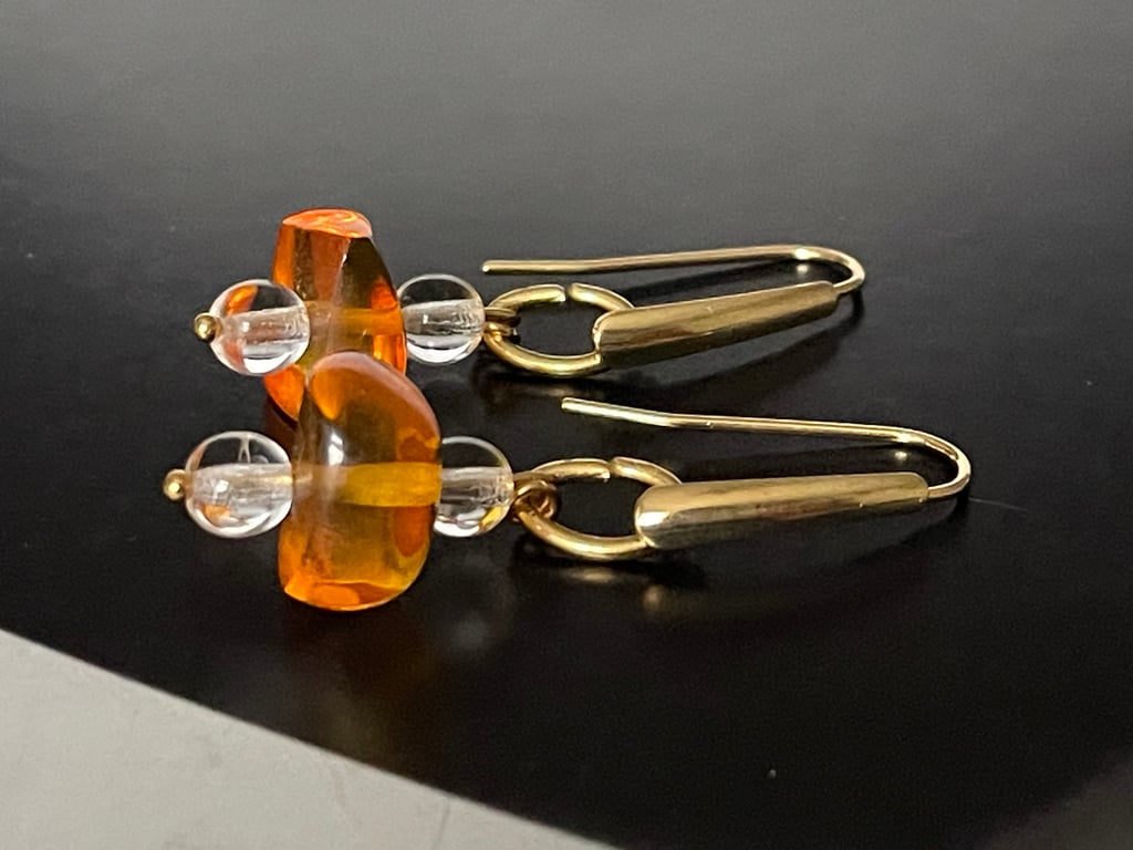 Organic Baltic honey colour amber and rock crystal gemstones dangling earrings