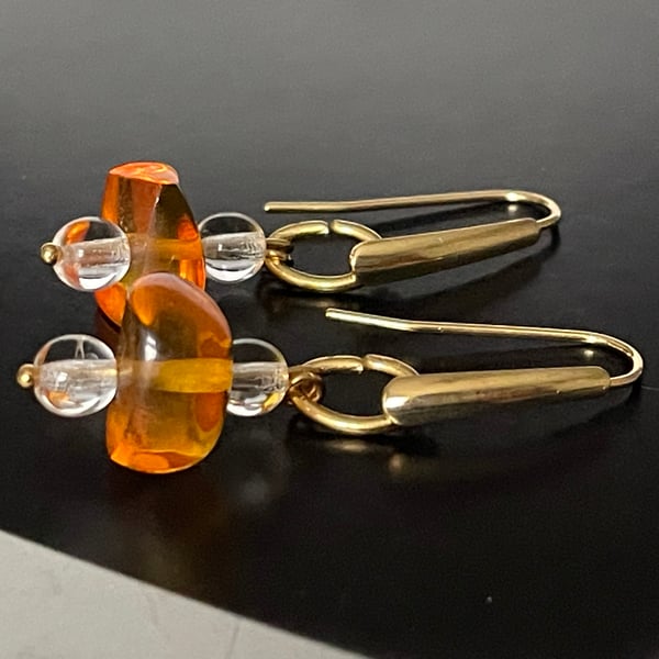 Organic Baltic honey colour amber and rock crystal gemstones dangling earrings