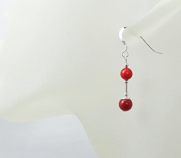 Dainty Red Coral Earrings With Sterling Silver Tubes - Gift Under 10 Pounds