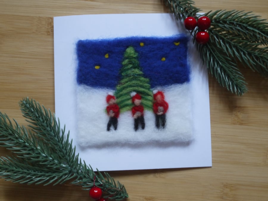 Needle felted Carol singers christmas greetings card