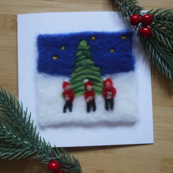 Needle felted Carol singers christmas greetings card