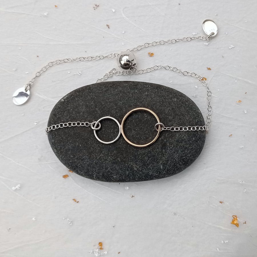 14ct filled gold and sterling silver wire ring and chain adjustable bracelet