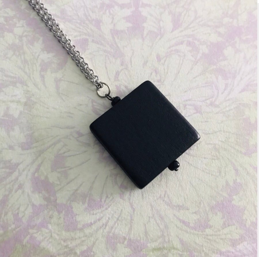 Black Wooden Square Pendant Necklace