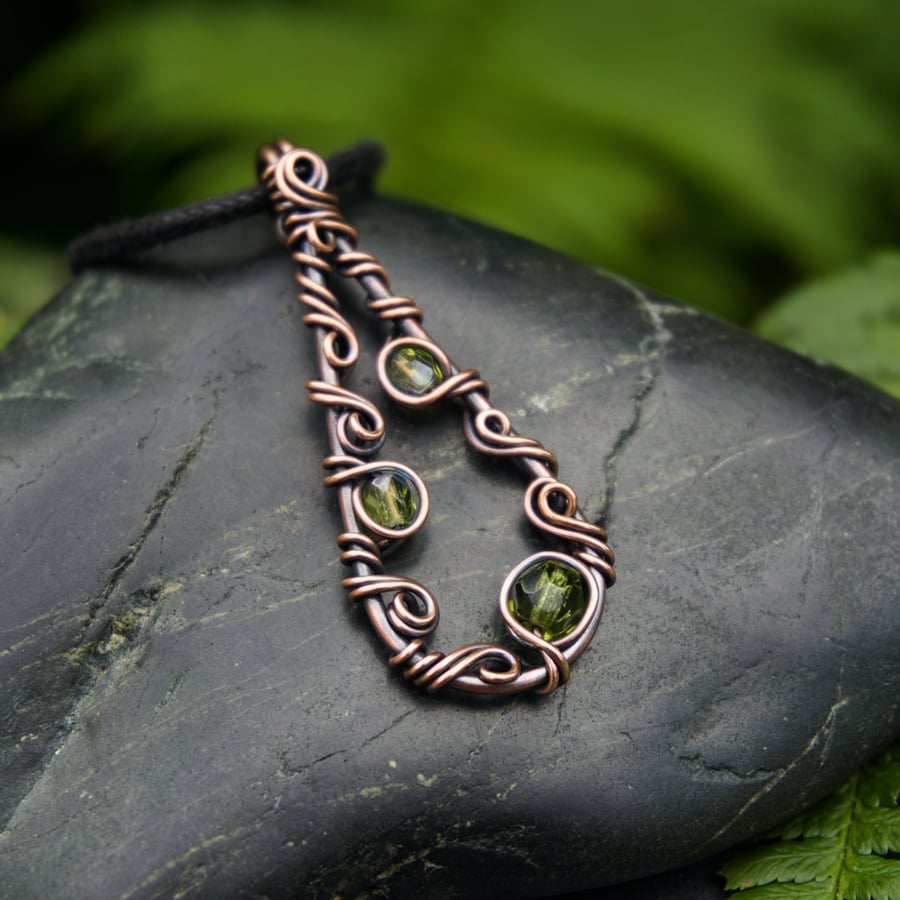 Squiggly Copper Wire Wrapped Teardrop Pendant with Olive Green Glass Beads