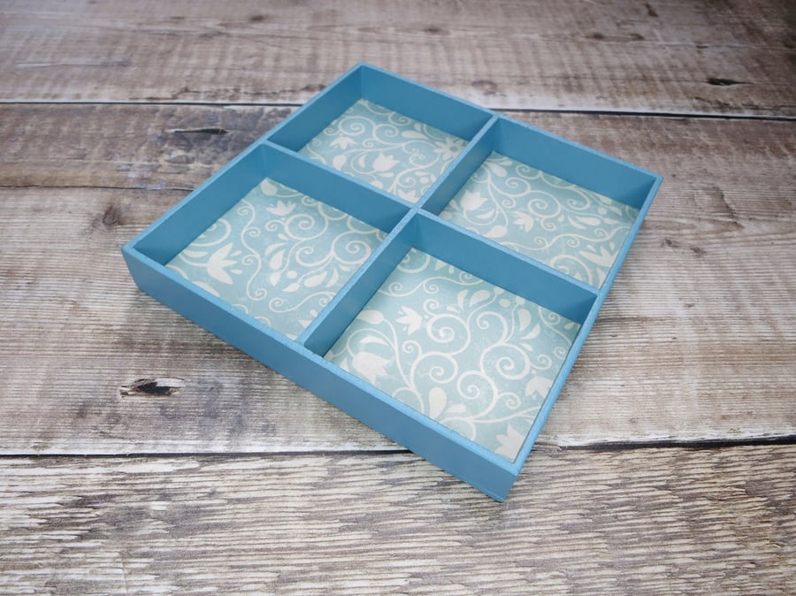 Upcycled Wooden Four Sectioned Desk or Jewellery Tray - Vintage Blue 