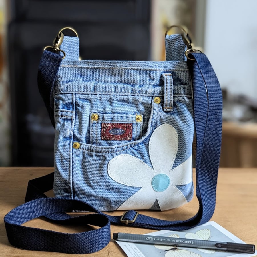 Upcycled Pale Denim and Daisy Mini Cross Body Bag 