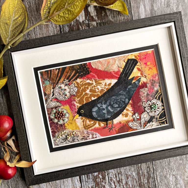 Mixed media blackbird picture, gift for bird lover, collage