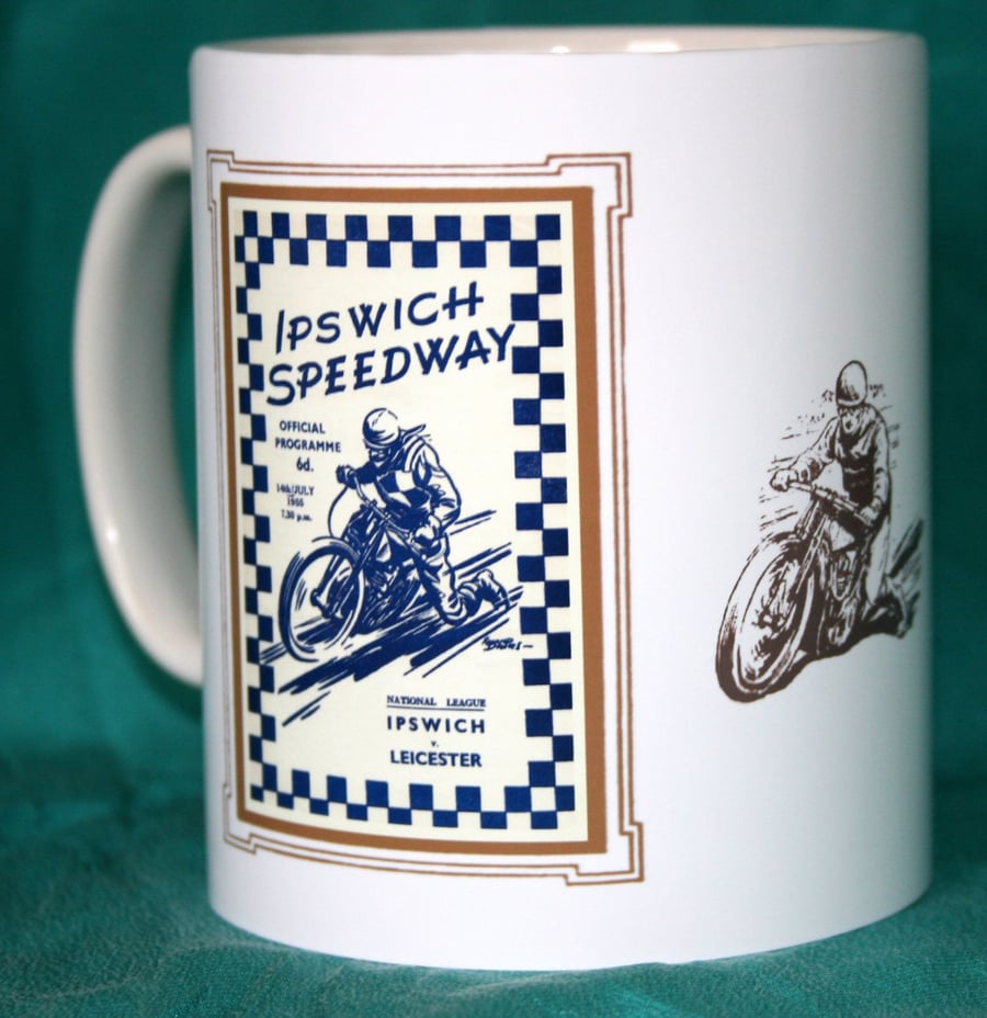 Speedway mug Ipswich v Leicester 1955 vintage programme design mug