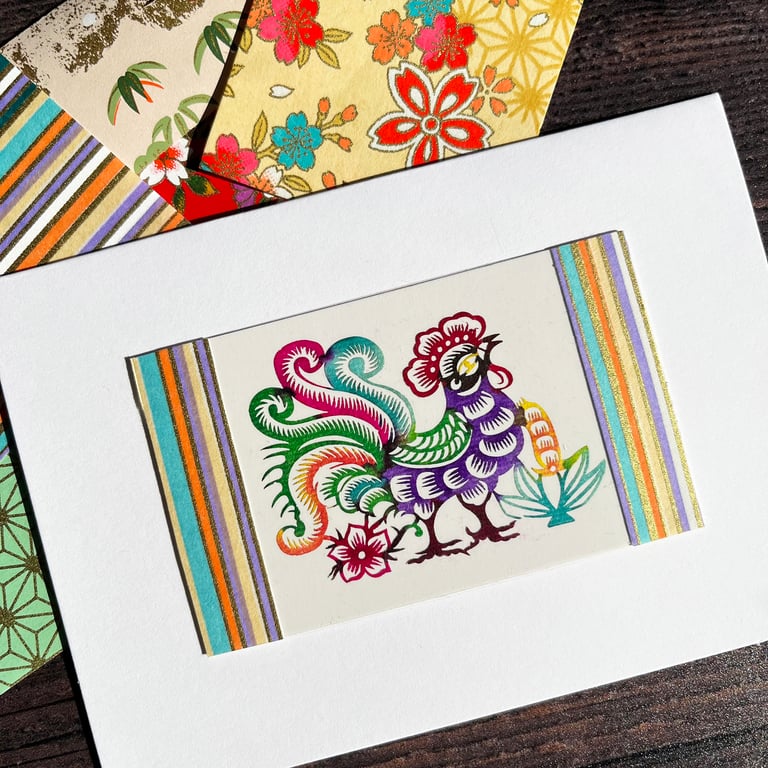 Chinese paper-cut rooster, handmade card, quirky card, card for chicken lover
