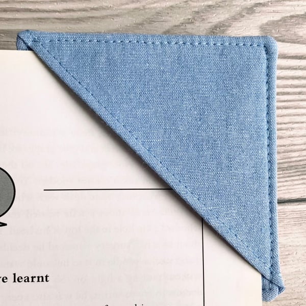 Light blue cotton fabric corner bookmark. Book lovers gift.