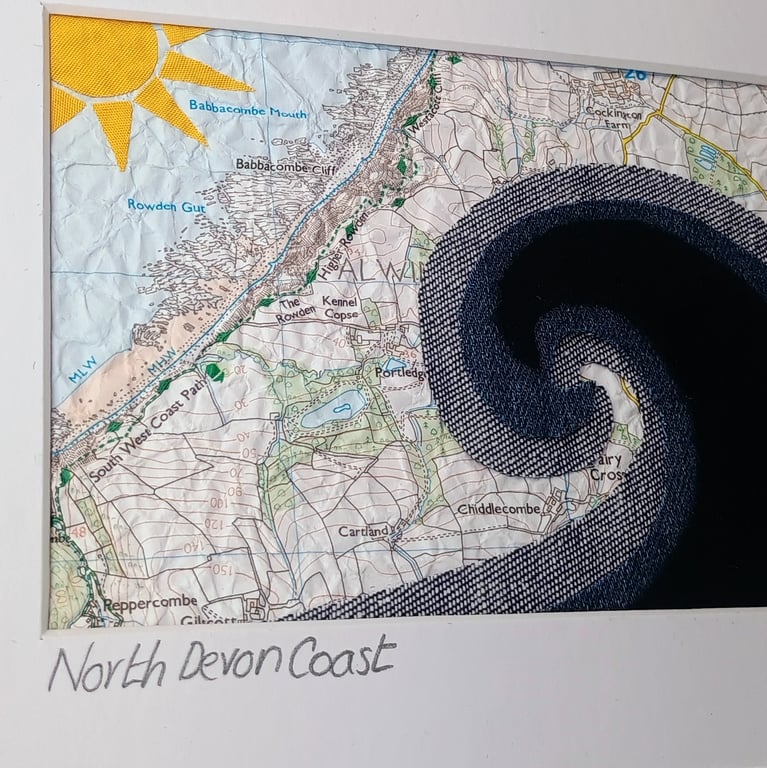 Fabric & Paper Map Picture of the North Devon Coast  - 7x5, Mounted