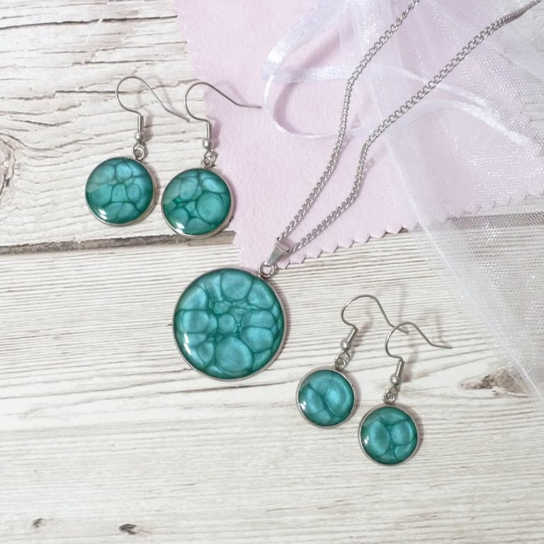 Turquoise Blue enamel and resin pendant and dangle earring set
