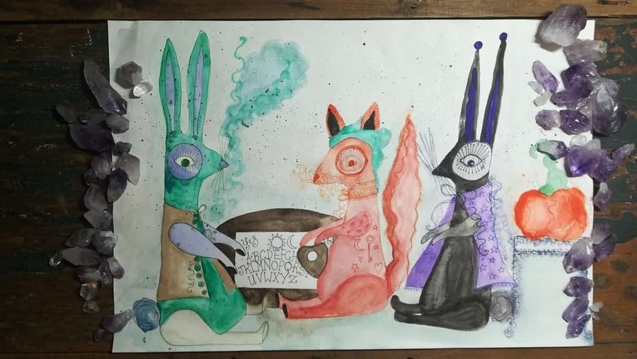 A one of a kind painting, mixed media design, seance painting, folk art style