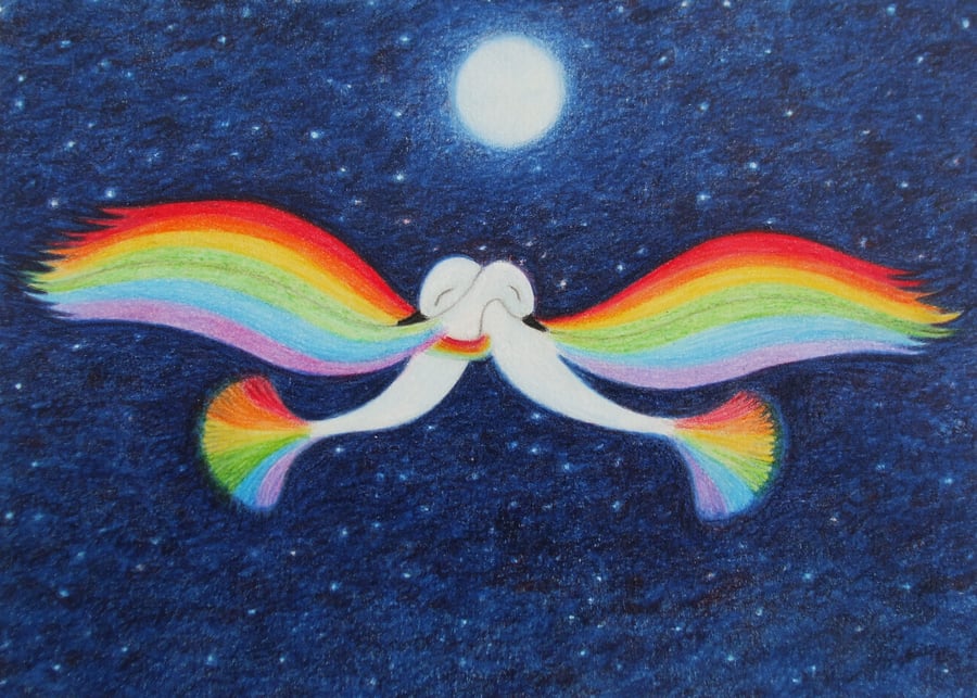 Rainbow Birds Card, Spiritual Wedding Card, LGBTQ Art, Romantic Moon Card, Love