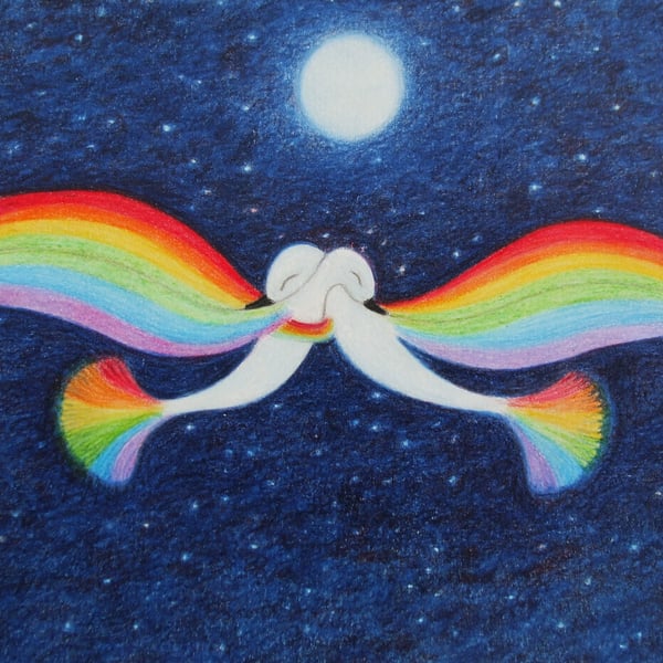 Rainbow Birds Card, Spiritual Wedding Card, LGBTQ Art, Romantic Moon Card, Love