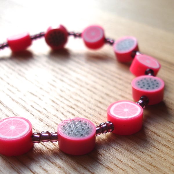 Pink Fruit Polymer Clay Bead Bracelet