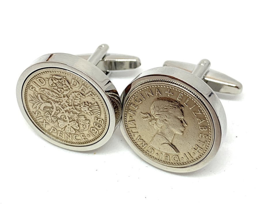 Luxury 1965 Sixpence Cufflinks for a 59th birthday. Original british sixpences 