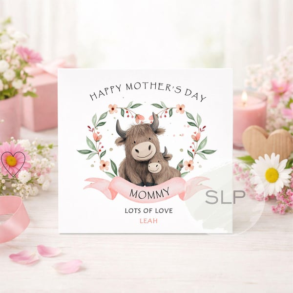 Personalised Highland Cow Mother's Day Card Cute Mum & Calf Card Custom Mommy