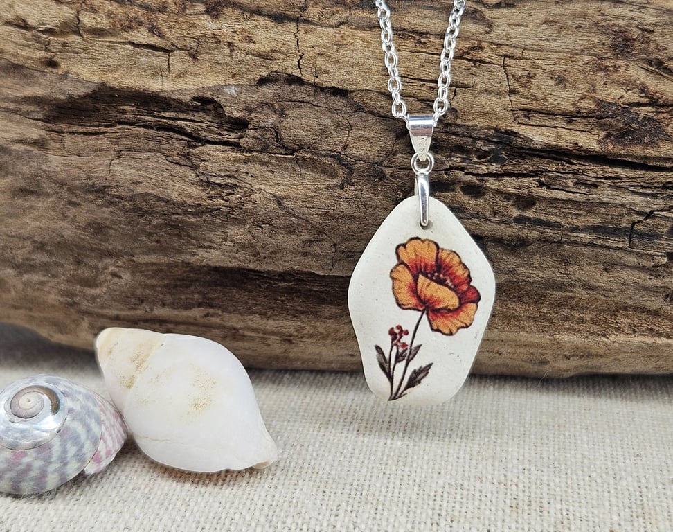 Sterling Silver Sea Pottery Poppy Necklace – Handmade Coastal Jewellery