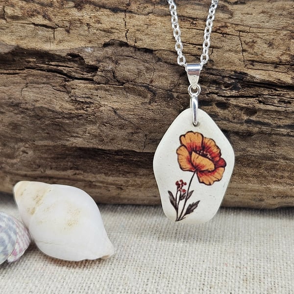 Sterling Silver Sea Pottery Poppy Necklace – Handmade Coastal Jewellery