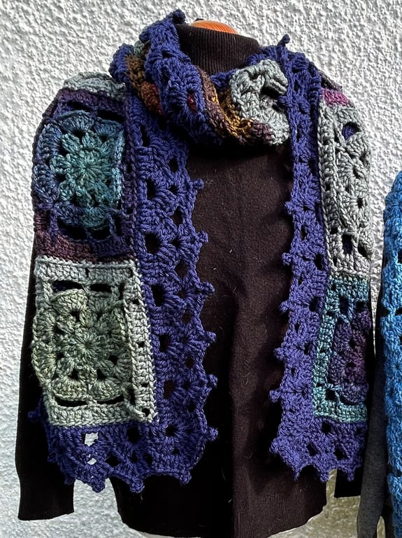 Mermaid tail colours and navy blue oversized crochet lace squares scarf