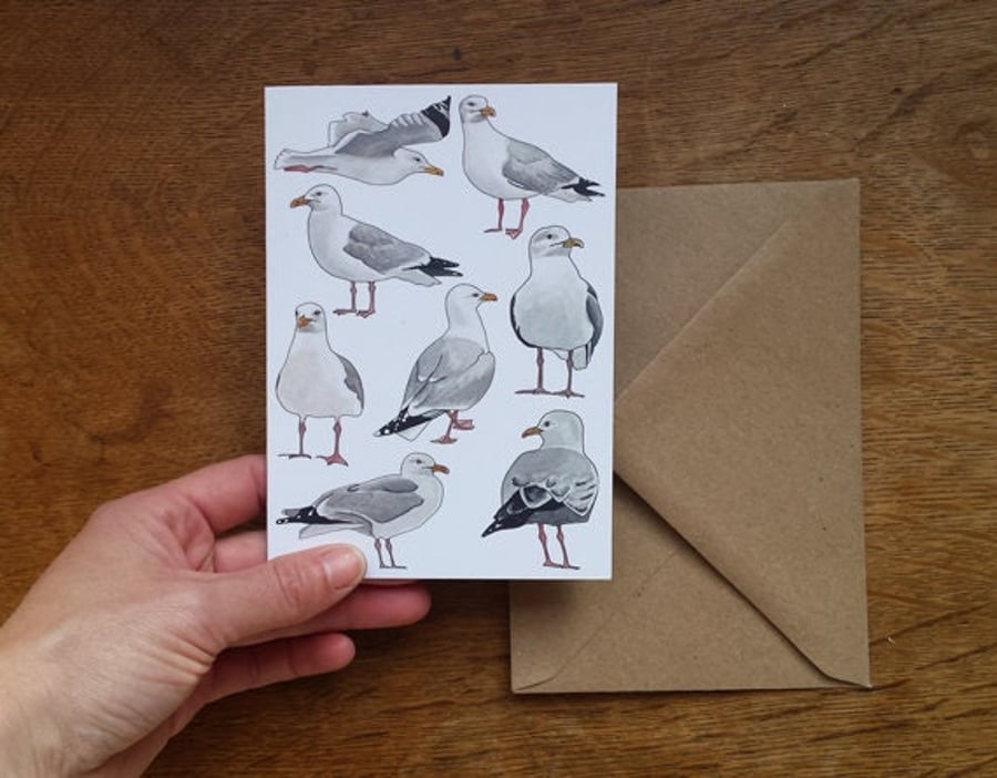 Seagull Greeting Card by Alice Draws The Line featuring many seagulls! Blank ins