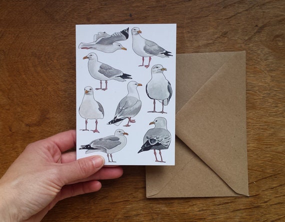 Seagull Greeting Card by Alice Draws The Line featuring many seagulls! Blank ins