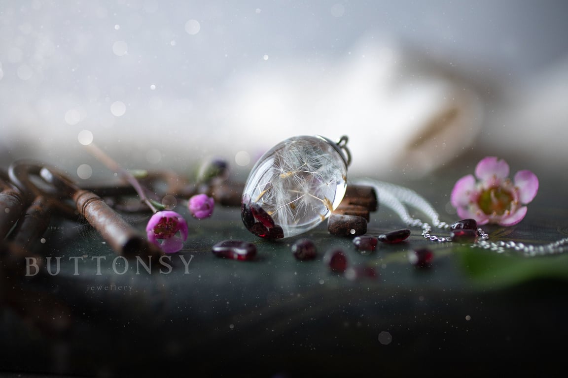 Garnet and Dandelion Wish Necklace Dandelion Seed Necklace Raw Stone Necklace Da
