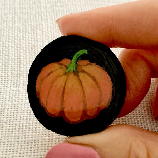 Hand Painted Pumpkin Brooch Pin On Wood Slice 
