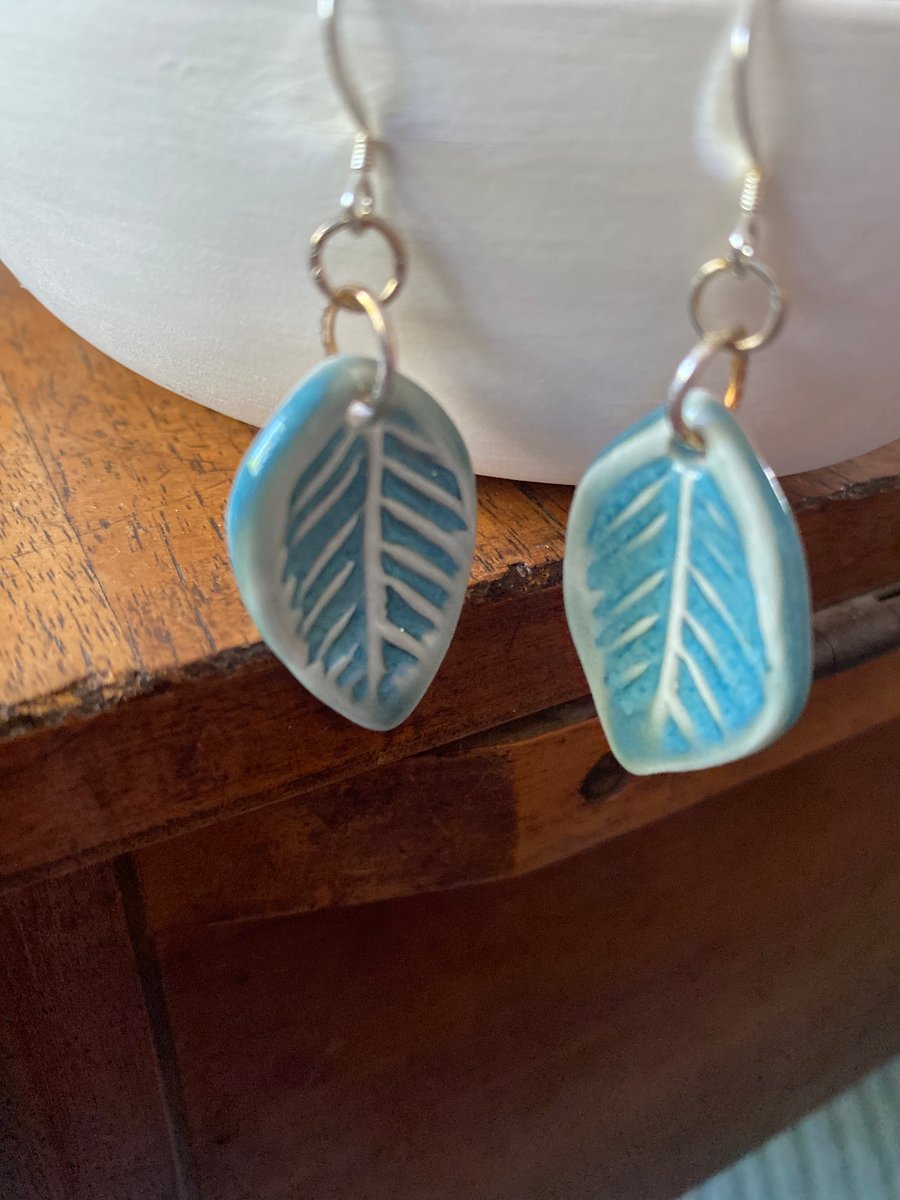 Porcelain stamped ceramic green leaf earrings silver hooks 