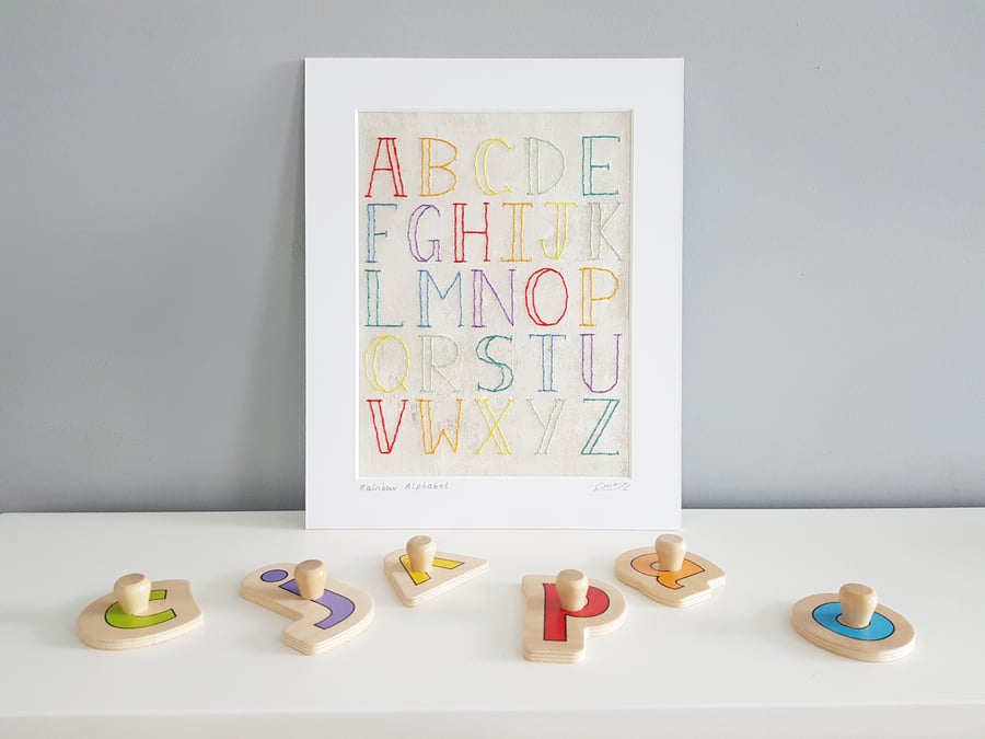 SALE Rainbow Alphabet Wall Art, Hand Stitched Alphabet, Nursery Décor 
