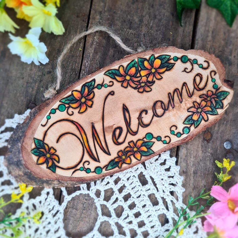 Pyrography wood plaque 'Welcome'