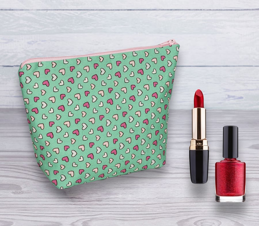 Cosmetic Bag, Make up Bag, Pink Hearts Cosmetic Bag, Cosmetic Bag-126