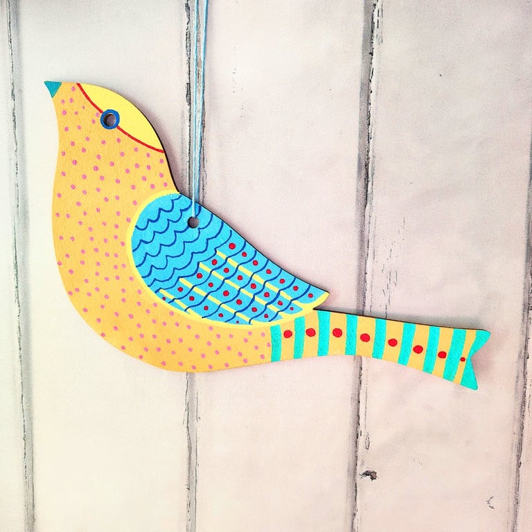 Hand painted wooden bird hanging, yellow bird wall art, folk art decoration