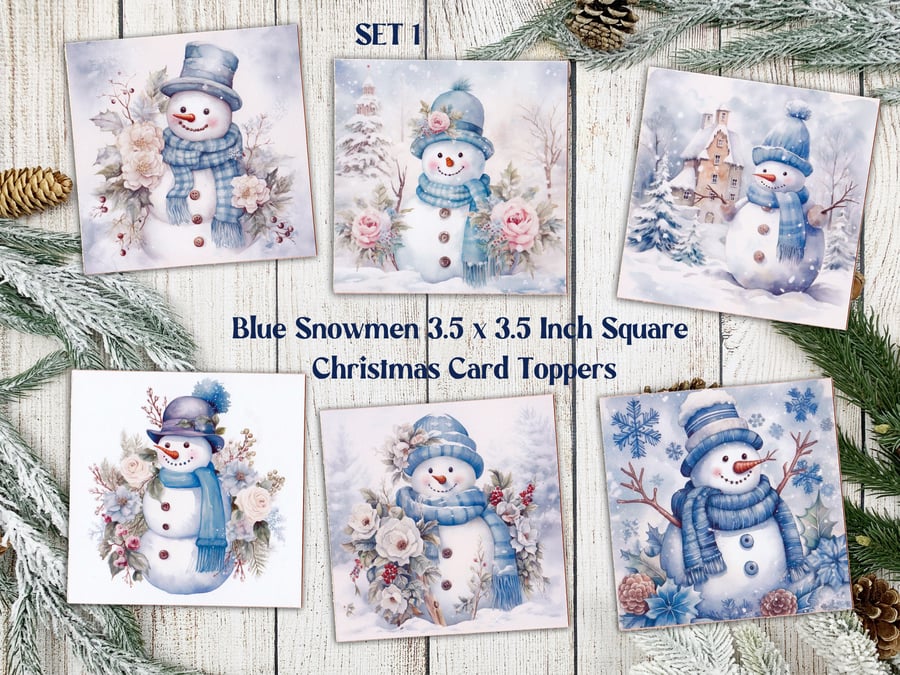 Blue Snowmen Square Christmas Card Toppers for Card Making, Journals, Tags