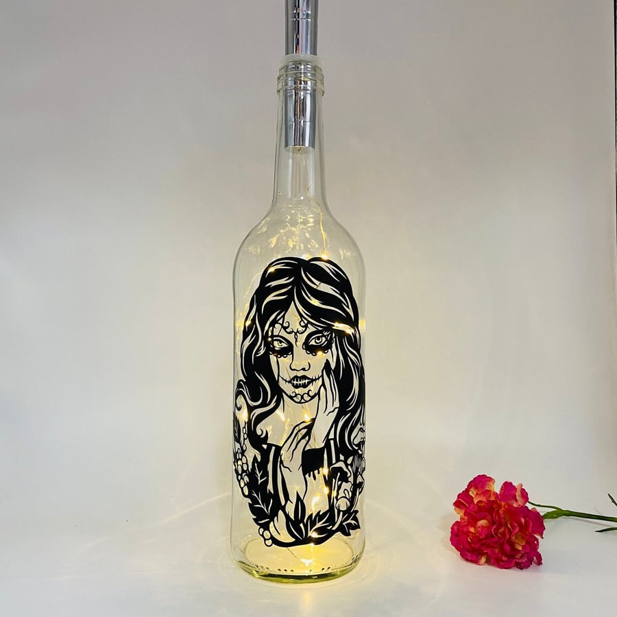 Bottle with lights, day of the dead, vinyl skull lady, gothic, halloween