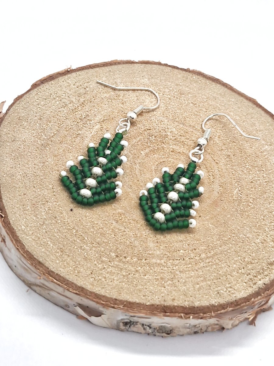 Snowcapped green Christmas tree beaded earrings