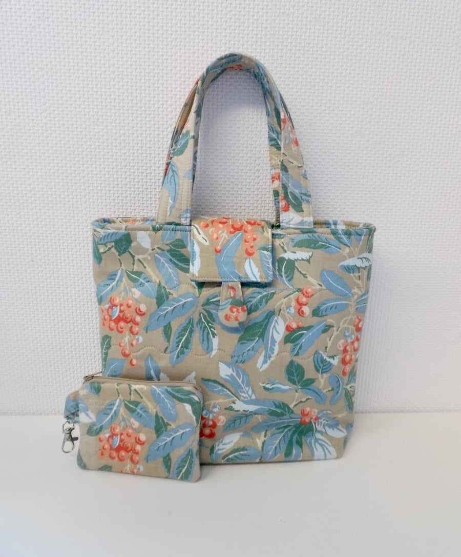 Bucket hand bag tote with purse in Laura Ashley Blueberry fabric.