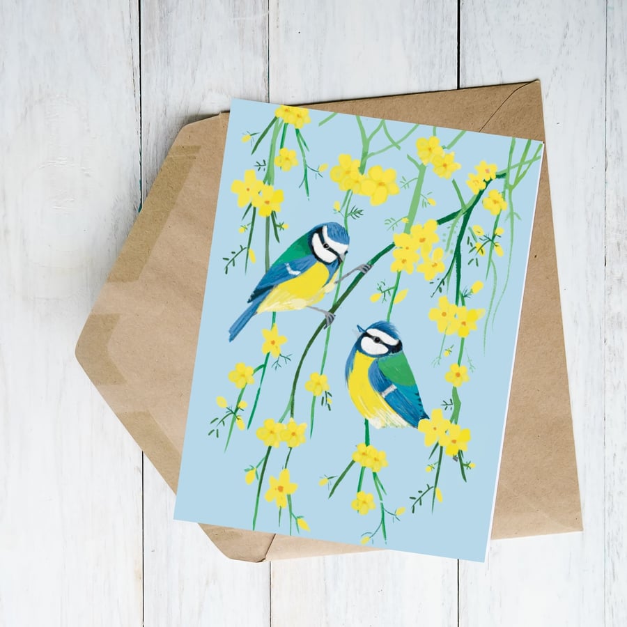 Blank card garden bird card blue tit and blossoms